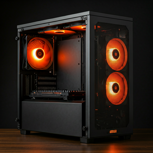 sleek high-end matte black computer workstation with industrial cooling fans and orange internal lighting